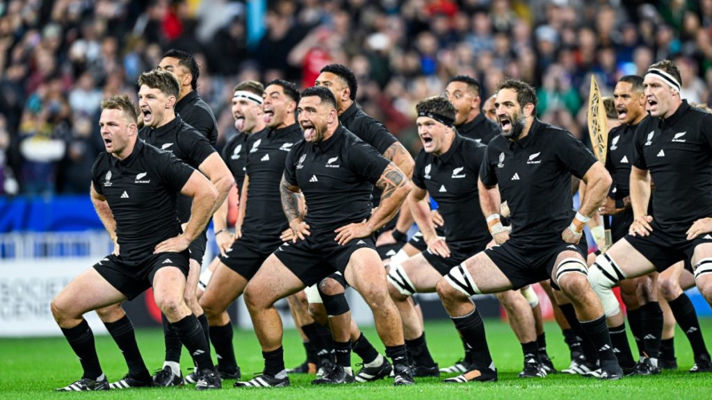 Sam Cane Beauden Barrett Codie Taylor Sam Whitelock Aaron Smith and Brodie Retallick during the haka of the Rugby World Cup match Argentina VS New Zealand All Blacks in Paris, on October 14, 2023.