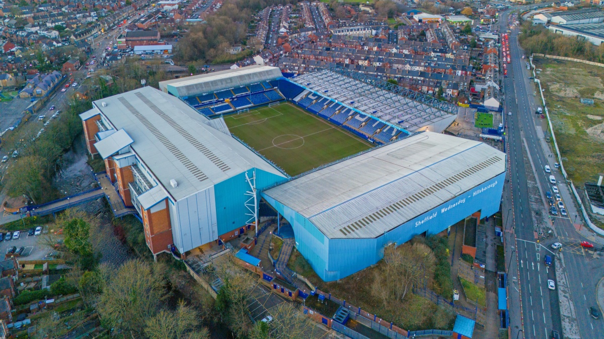 Sheffield, Yorkshire. United Kingdom. Sheffield Wednesday Football Club, Hillsborough Stadium. Aerial Image. 26th January 2024.