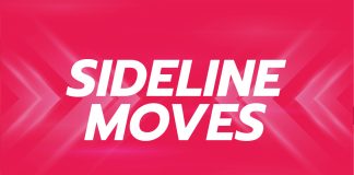 Sideline Moves: Travis Kelce swaps end zones for roller coasters Sideline Moves text on a pink background.