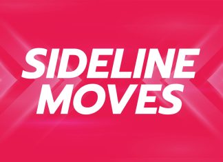 Sideline Moves: Travis Kelce swaps end zones for roller coasters Sideline Moves text on a pink background.