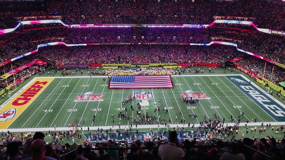 New Orleans - February 9, 2025: The American flag is displayed at Super Bowl LIX