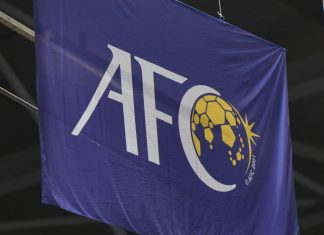 Asian Cup host selections paused over FIFA schedule update Flag of the Asian Football Confederation (AFC) during AFC Futsal Club Championship Vietnam 2017 Match THAI SON NAM and VIC VIPERS at Phu tho Stadium on July 22,2017 in Ho chi minh,Vietnam.