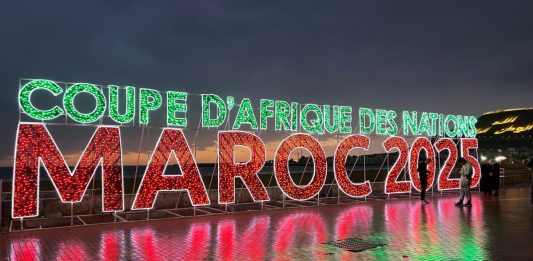 Africa Cup of Nations 2025: Vibrant LED Display of "Maroc 2025" for Africa Cup of Nations Event. Agadir, Morocco| Jan 13, 2026