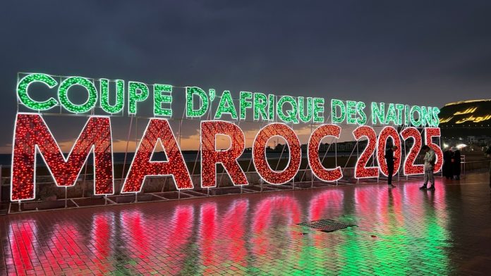 Africa Cup of Nations 2025: Vibrant LED Display of "Maroc 2025" for Africa Cup of Nations Event. Agadir, Morocco| Jan 13, 2026