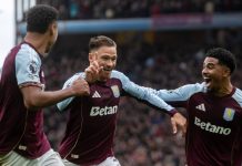 Premier League shirt ban forces betting sponsors to reinvent Aston Vila players in Premier League match with Betano betting sponsor on front-of-shirt.