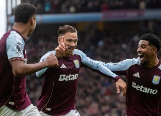 Premier League shirt ban forces betting sponsors to reinvent Aston Vila players in Premier League match with Betano betting sponsor on front-of-shirt.