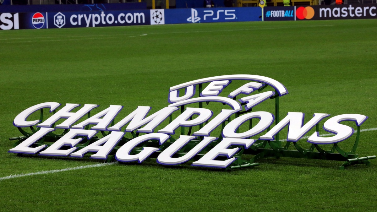 MILAN, ITALY - OCTOBER 1, 2024: Champions League banner during the UEFA Champions League FC INTERNAZIONALE v FK CRVENA ZVEZDA at San Siro Stadium.