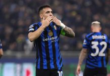 Inter Milan sponsor questioned after Champions League game Italy, Milan, 2025 01 29: Lautaro Martinez (FC Inter) scores and celebrates the 2-0 goal at 16' during soccer game FC Inter vs AS Monaco , UCL 2024-2025, League Phase MD8 with Betsson sponsor, San Siro Stadium.