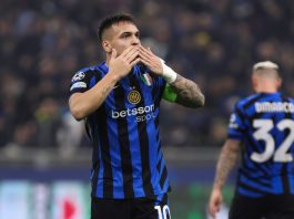 Inter Milan sponsor questioned after Champions League game Italy, Milan, 2025 01 29: Lautaro Martinez (FC Inter) scores and celebrates the 2-0 goal at 16' during soccer game FC Inter vs AS Monaco , UCL 2024-2025, League Phase MD8 with Betsson sponsor, San Siro Stadium.