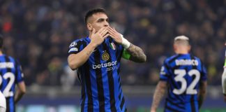Inter Milan sponsor questioned after Champions League game Italy, Milan, 2025 01 29: Lautaro Martinez (FC Inter) scores and celebrates the 2-0 goal at 16' during soccer game FC Inter vs AS Monaco , UCL 2024-2025, League Phase MD8 with Betsson sponsor, San Siro Stadium.