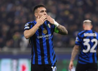 Inter Milan sponsor questioned after Champions League game Italy, Milan, 2025 01 29: Lautaro Martinez (FC Inter) scores and celebrates the 2-0 goal at 16' during soccer game FC Inter vs AS Monaco , UCL 2024-2025, League Phase MD8 with Betsson sponsor, San Siro Stadium.
