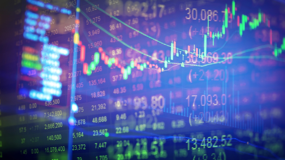 Sports financial market screen showing stocks rising and falling.