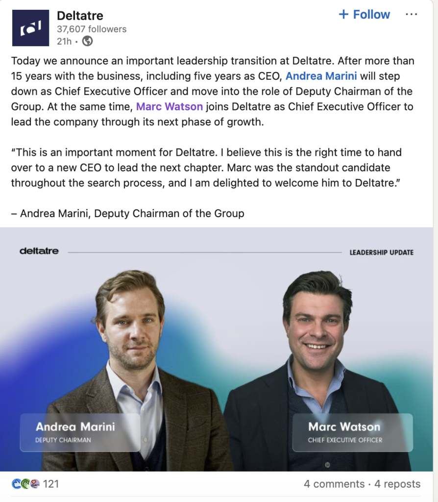 Screenshot of Deltatre's LinkedIn profile announcing Marc Watson as CEO.