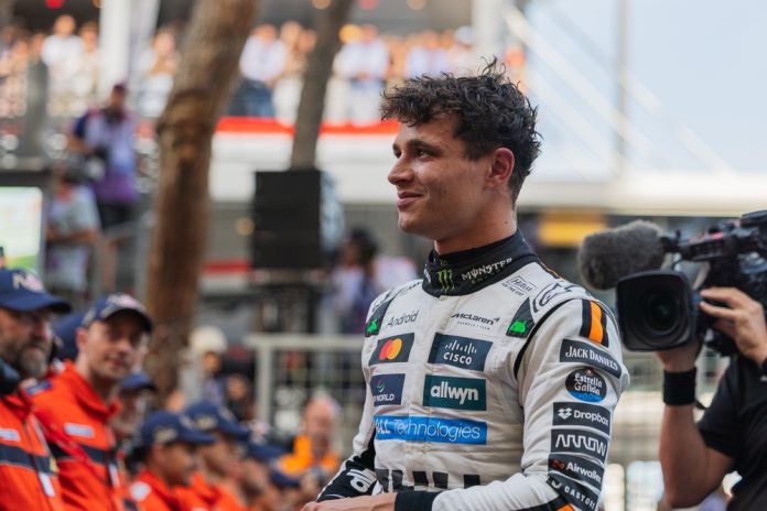 Circuit,De,Monaco,,Monte-carlo,,Monaco.,25.may.2025;,Lando,Norris,Of,Great Image of Lando Norris with Allwyn logo on his race suit