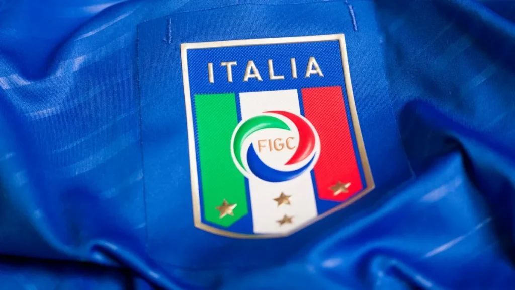 Italian football federation emblem on kit.