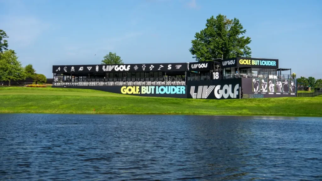 Signs at the 18th hole greet the LIV Golf Fans at the LIV Golf Tournament held at the Trump National Golf Club in Bedminster, NJ.