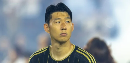 Los Angeles FC's Son Heung-min #7 stands for national anthem prior to an MLS soccer match against the San Diego FC at BMO Stadium, August 31, 2025 in Los Angeles.