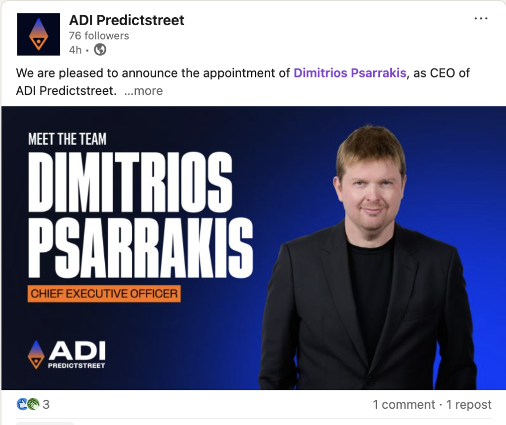 Screenshot of ADI Predictstreet LinkedIn, FIFA's latest partner.
