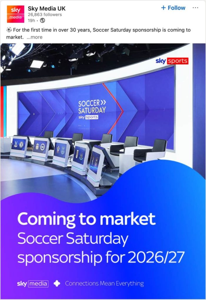 Screenshot of Sky Media's LinkedIn about Soccer Saturday sponsorship. 