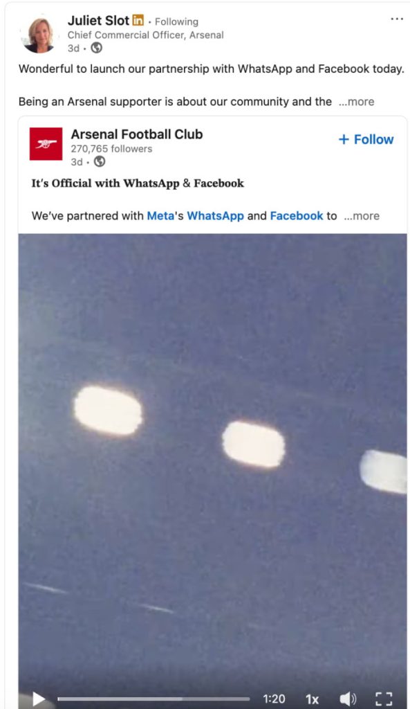 Screenshot of Chief Commercial Officer at Arsenal Juliet Slot's LinkedIn post. 