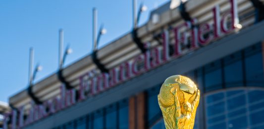 USA, PHILADELPHIA, OCTOBER 2019: World Cup FIFA on background Lincoln Financial Field in Philadelphia state of Pennsylvania