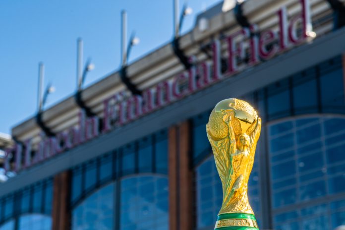 USA, PHILADELPHIA, OCTOBER 2019: World Cup FIFA on background Lincoln Financial Field in Philadelphia state of Pennsylvania