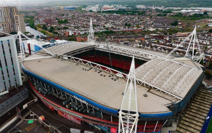 CARDIFF, UK - AUGUST 8, 2025 - Aerial view of the iconic Principality Stadium in Cardiff, Wales, highlighting its modern architecture and retractable roof system