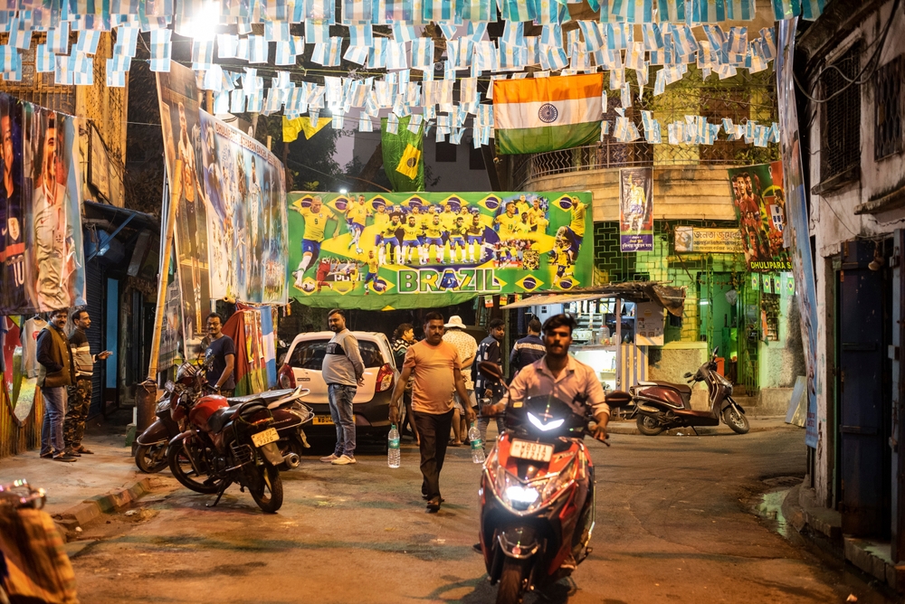 KOLKATA, INDIA - DECEMBER 12: A street decked up  with FIFA World Cup 2022 theme, during Qatar World Cup 2022 on December 12, 2022 in Kolkata, India.