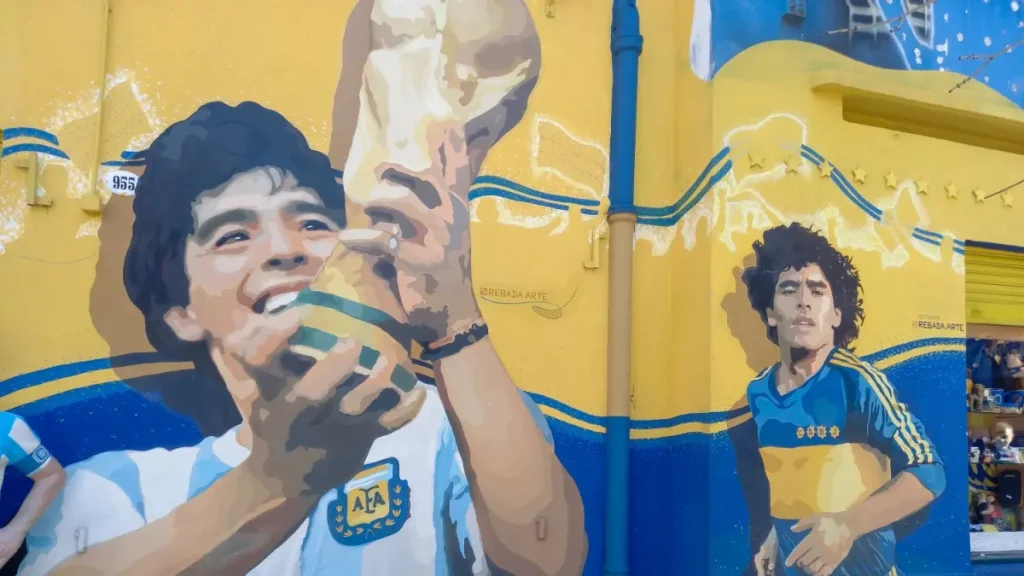 Street art mural near the Boca Juniors Stadium featuring Diego Maradona.