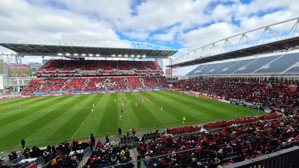 Toronto, ON, Canada - March 14, 2026: A view of the full BMO field stadium, highlighting the new stands for the World Cup expansion, during the Toronto FC vs. Red Bull New York MLS regular season match at BMO Field.