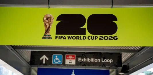 FIFA World Cup 2026 signage at Exhibition Loop station in Toronto.