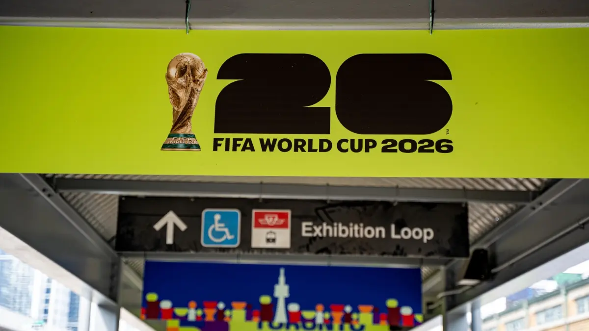 FIFA World Cup 2026 signage at Exhibition Loop station in Toronto.