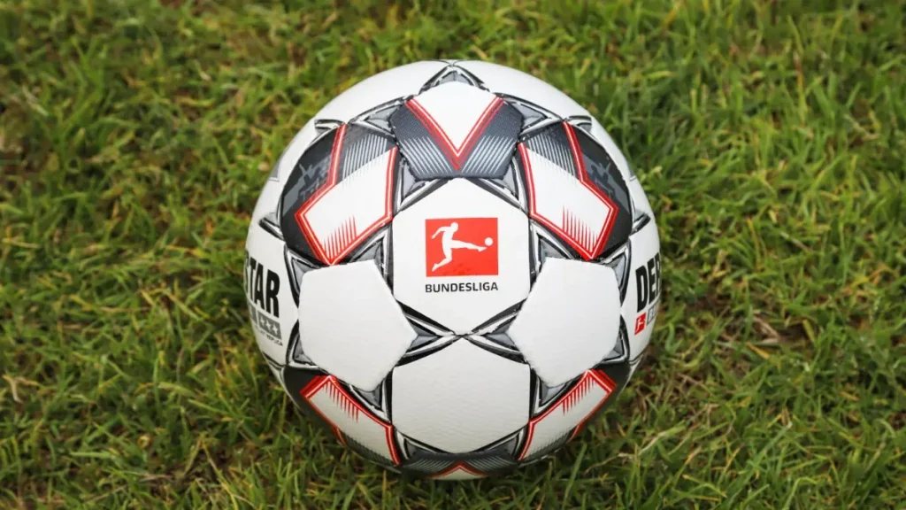 The official Bundesliga match ball on grass.