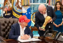 Is Gianni Infantino’s job at risk after World Cup red card row? President Donald Trump, flanked by Vice President JD Vance and FIFA President Gianni Infantino, announces that the FIFA World Cup draw
