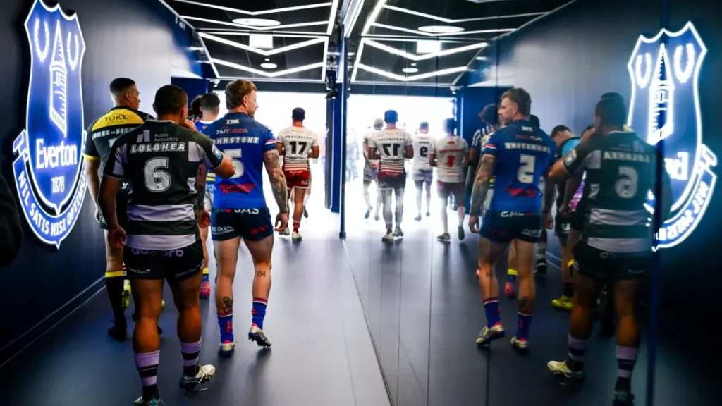 Players in the tunnel at Hill Dickinson stadium.