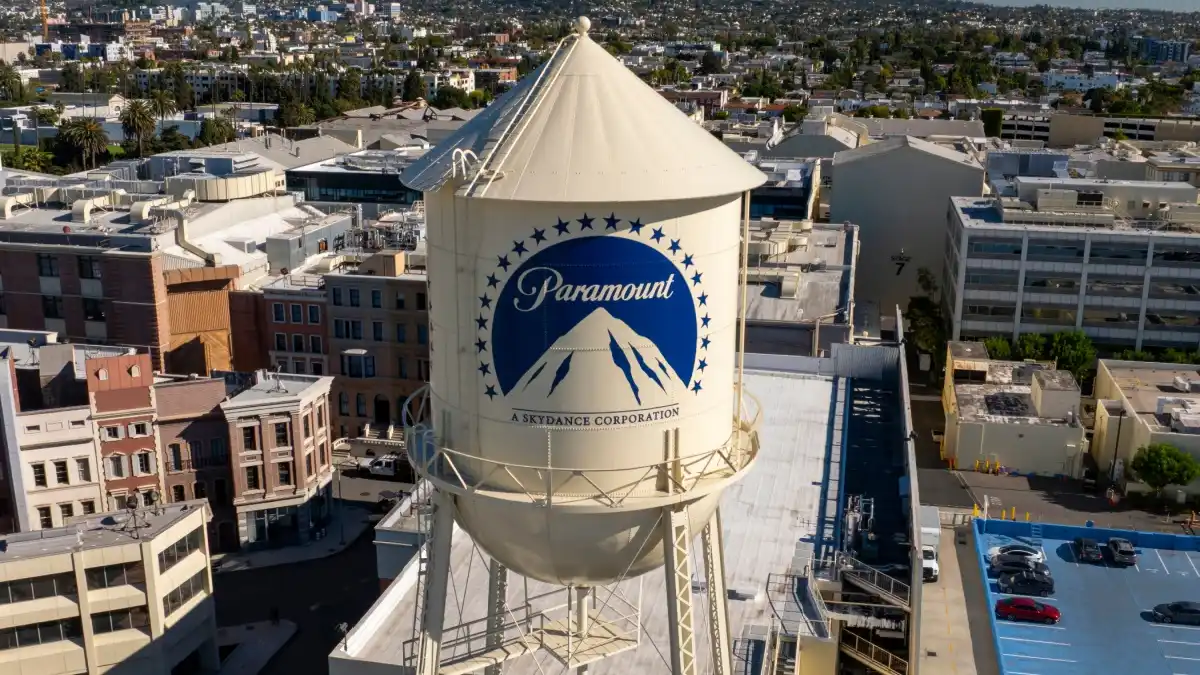 Los Angeles California. USA: 2025 December 9. Motion picture industry studio. Paramount Pictures, The Studios at Paramount Pictures. Aerial, water tank and tower logo.