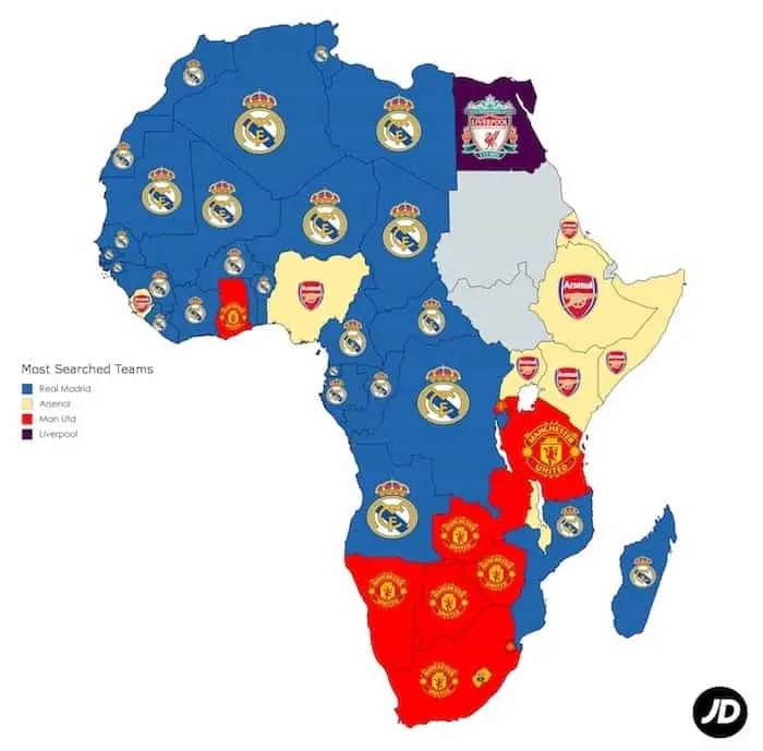 Map of Most Searched Football Clubs in Africa 2018