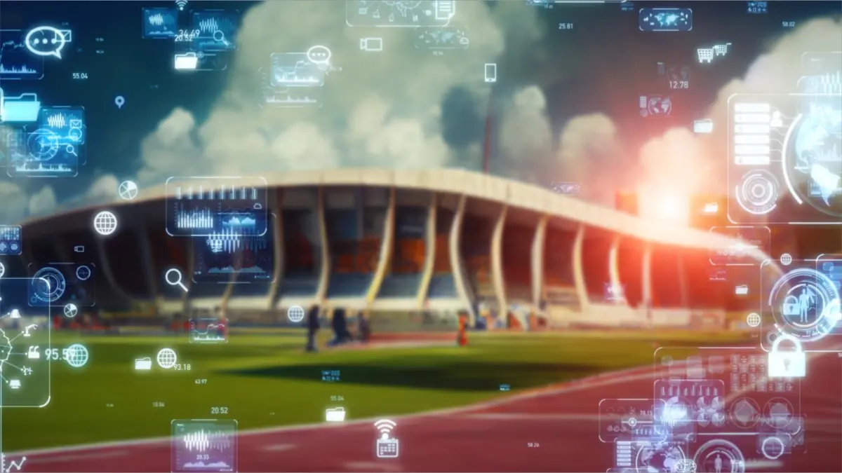 Sports stadium and technology. sports tech. Wide angle visual for banners or advertisements.
