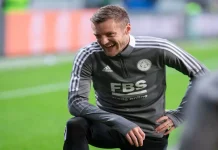 Jamie Vardy’s having a Bundesliga party on YouTube WARSAW, POLAND - 30 SEPTEMBER, 2021: UEFA Europa League Group Stage Match, Legia Warszawa vs Leicester City FC 1:0 o.p: Jamie Vardy of Leicester City FC