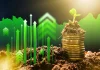 Why sustainability is a key driver of value in sports assets Coins stack with plant growing and upward arrows showing growth in finance via sustainability.