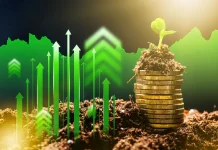 Why sustainability is a key driver of value in sports assets Coins stack with plant growing and upward arrows showing growth in finance via sustainability.