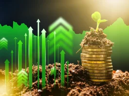 Why sustainability is a key driver of value in sports assets Coins stack with plant growing and upward arrows showing growth in finance via sustainability.