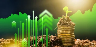 Why sustainability is a key driver of value in sports assets Coins stack with plant growing and upward arrows showing growth in finance via sustainability.