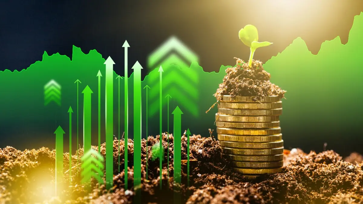Coins stack with plant growing and upward arrows showing growth in finance via sustainability.