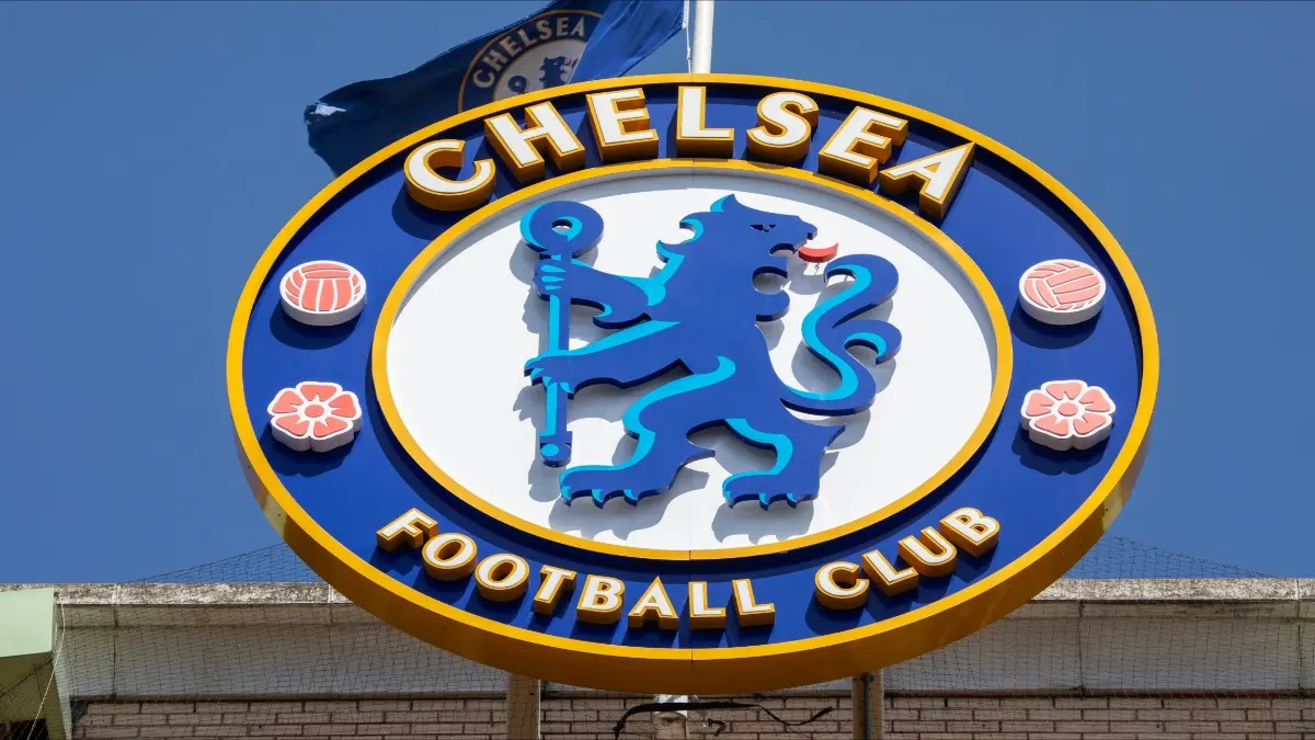 London, UK - May 26th 2026: Chelsea Football Club logo on the exterior of Stamford Bridge stadium - the home of Chelsea FC in West London, UK.
