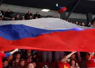 FIBA and FIA follow IOC’s lead on Russian athletes Saint Petersburg, Russia - 8 may 2022: Hockey. Liga Stavok St. Petersburg Cup, Russia Vs Belarus. flag.