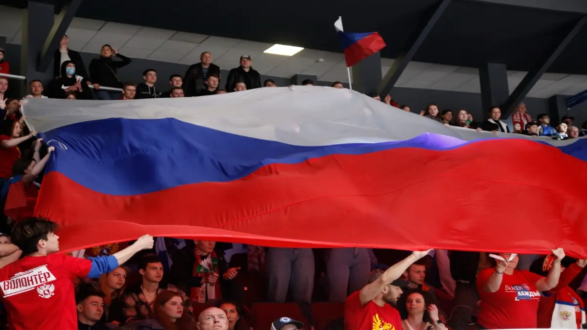 Saint Petersburg, Russia - 8 may 2022: Hockey. Liga Stavok St. Petersburg Cup, Russia Vs Belarus. flag.