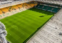Hugh Jackman reveals Norwich City investment talks NORWICH, GB - May 05, 2019: Drone shot above Norwich City Football Club looking onto pitch