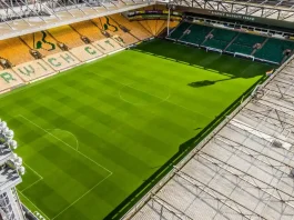 Hugh Jackman reveals Norwich City investment talks NORWICH, GB - May 05, 2019: Drone shot above Norwich City Football Club looking onto pitch