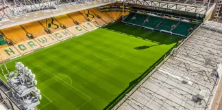Hugh Jackman reveals Norwich City investment talks NORWICH, GB - May 05, 2019: Drone shot above Norwich City Football Club looking onto pitch